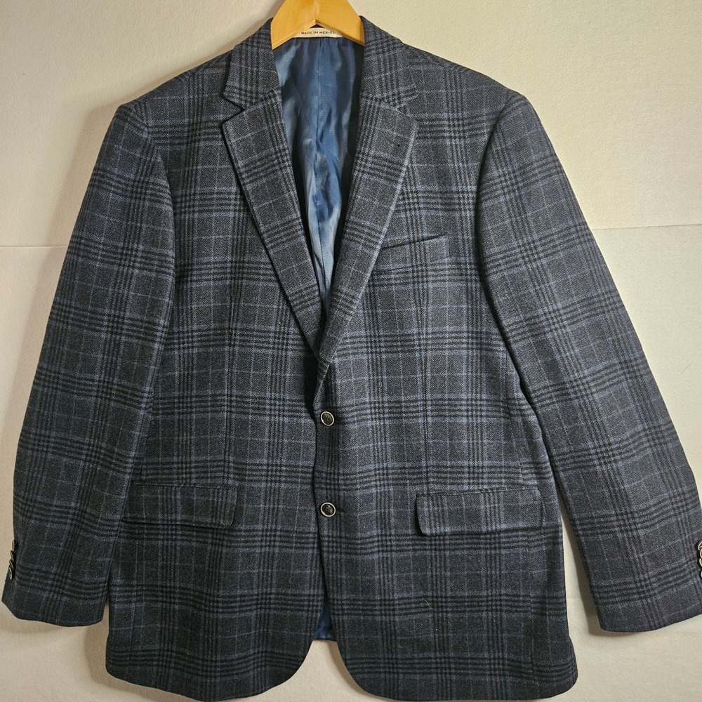 Joseph Abboud Hamilton Navy Blue Plaid Wool Cashmere Sport Coat Blazer 44 Long